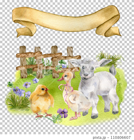 Rural scene with baby animals on field. Watercolor illustration with pets isolated on white. Chick, gosling and lamb hand drawn. Farm landscape with rustic fence. Easter scene with ribbon banner 110806607