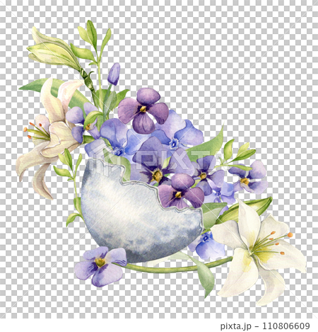 Egg shell with spring flowers. Easter watercolor illustration isolated on white background. Easter bunch with colorful plants lilies hand drawn. Painted spring blue and white flowers. For decoration Egg shell with spring flowers. Easter watercolor illustration isolated on white background. Easter bunch with colorful plants lilies hand drawn. Painted spring blue and white flowers. For decoration 110806609