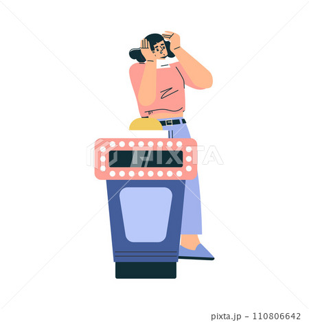 Quiz Game with Young Woman Participant at Button Stand Vector Illustration Quiz Game with Young Woman Participant at Button Stand Vector Illustration 110806642
