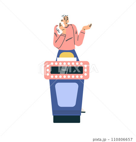 Quiz Game with Young Woman Participant at Button Stand Vector Illustration Quiz Game with Young Woman Participant at Button Stand Vector Illustration 110806657