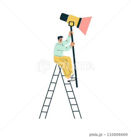Man Climb Ladder Hold Spotlight Lamp Equipment Vector Illustration Man Climb Ladder Hold Spotlight Lamp Equipment Vector Illustration 110806660