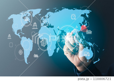Businessman holding dart with logistic and transportation icons digital screen for logistic and digital supply chain concept. 110806721