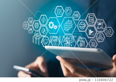 Businessman with digital screen about cyber security. Digital information technology and artificial intelligence concept. Businessman with digital screen about cyber security. Digital information technology and artificial intelligence concept. 110806722