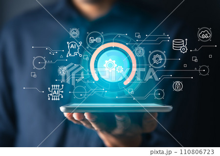 Businessman with digital screen about cyber security. Digital information technology and artificial intelligence concept. Businessman with digital screen about cyber security. Digital information technology and artificial intelligence concept. 110806723