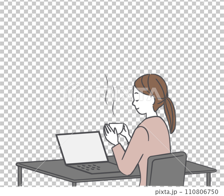 Woman drinking coffee while using a computer 110806750