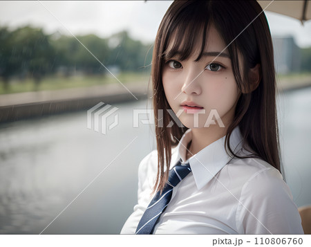 イラスト素材：制服姿の女子高生(雨宿り・梅雨・6月) 110806760