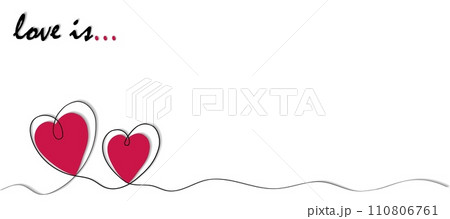 Heart symbol of Valentines Day. Linear style, wide banner with place for text and copy space, with shadow on white background. The inscription Love is 110806761