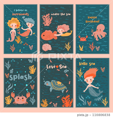 Set of cute cards with mermaids. Vector graphics. Set of cute cards with mermaids. Vector graphics. 110806838
