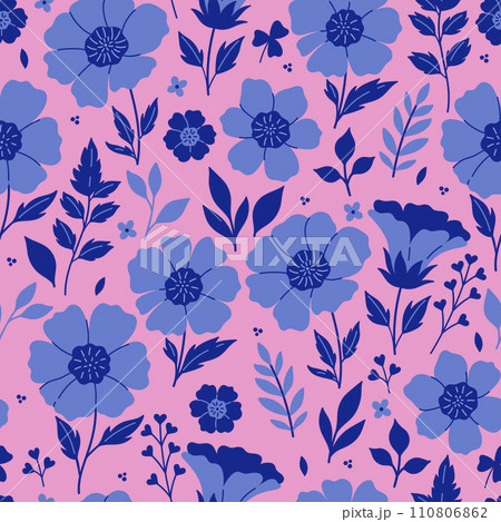 Seamless pattern with blue anemone flowers on a pink background. Vector graphics. Seamless pattern with blue anemone flowers on a pink background. Vector graphics. 110806862