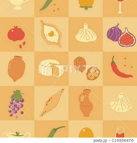 Checkered seamless pattern with Georgian food. Vector graphics. 110806870