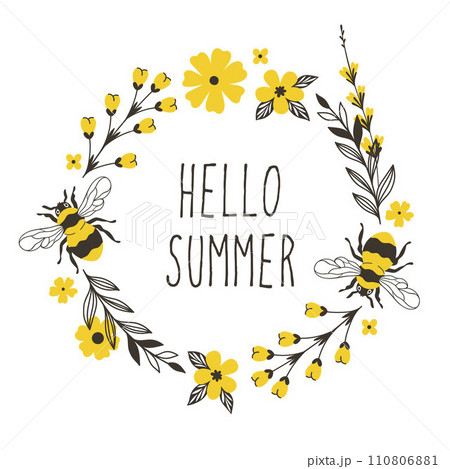 Round frame with bees and yellow flowers, isolate on a white background. Vector graphics. 110806881