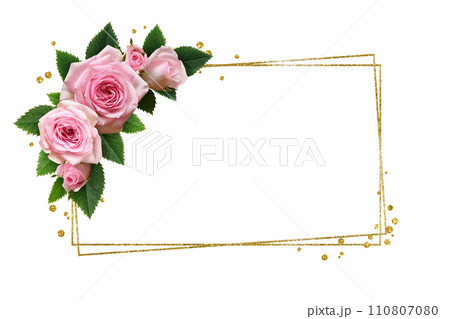Pink rose flowers and glitter confetti in a corner floral arrangements with golden frame isolated on white Pink rose flowers and glitter confetti in a corner floral arrangements with golden frame isolated on white 110807080