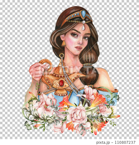 Composition with girl with long dark hair with gold tiara on her head with flowers. Hand drawn watercolor illustration based on fairy tale. Can be used for poster, t-shirt printing, post card. 110807237