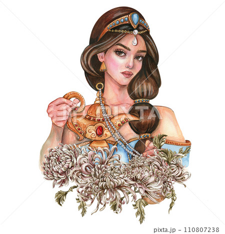 Composition with girl with long dark hair with gold tiara on her head with flowers. Hand drawn watercolor illustration based on fairy tale. Can be used for poster, t-shirt printing, post card. 110807238