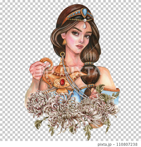 Composition with girl with long dark hair with gold tiara on her head with flowers. Hand drawn watercolor illustration based on fairy tale. Can be used for poster, t-shirt printing, post card. Composition with girl with long dark hair with gold tiara on her head with flowers. Hand drawn watercolor illustration based on fairy tale. Can be used for poster, t-shirt printing, post card. 110807238