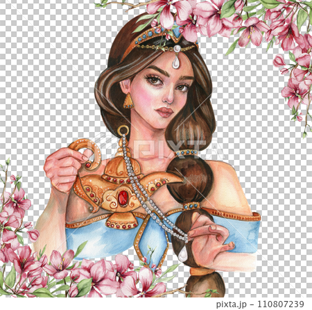 Composition with girl with long dark hair with gold tiara on her head with flowers. Hand drawn watercolor illustration based on fairy tale. Can be used for poster, t-shirt printing, post card. 110807239