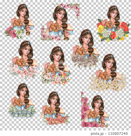 Composition with girl with long dark hair with gold tiara on her head with flowers. Hand drawn watercolor illustration based on fairy tale. Can be used for poster, t-shirt printing, post card. 110807240