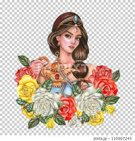 Composition with girl with long dark hair with gold tiara on her head with flowers. Hand drawn watercolor illustration based on fairy tale. Can be used for poster, t-shirt printing, post card. 110807243