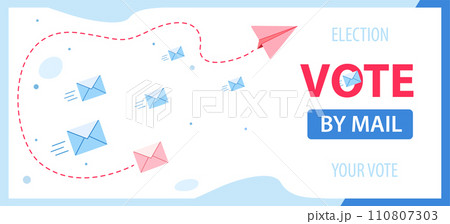 Voting banner vector design. blue website with button. Letters are flying, Voting banner vector design. blue website with button. Letters are flying, 110807303