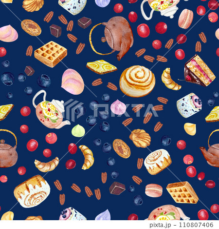 Watercolor teapot and desserts seamless pattern chocolate background Watercolor teapot and desserts seamless pattern chocolate background 110807406