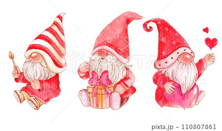 Gnomes with valentine's day costume . Set 4 of 13 . White isolate background . Illustration . 110807861