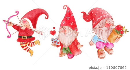 Gnomes with valentine's day costume . Set 5 of 13 . White isolate background . Illustration . Gnomes with valentine's day costume . Set 5 of 13 . White isolate background . Illustration . 110807862