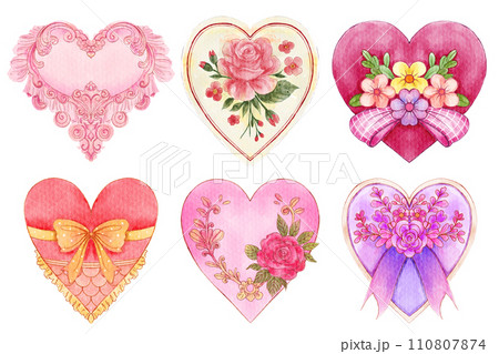 Watercolor vintage valentine's day heart symbol . Set 1 of 5 . White isolate background . Illustration . 110807874