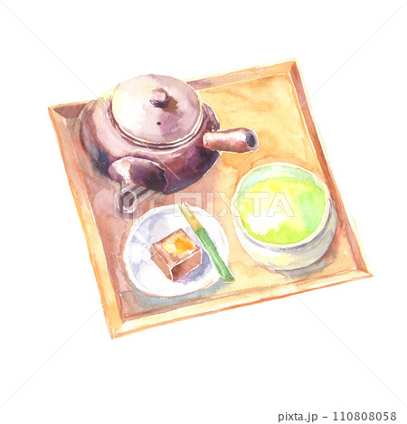 水彩で描いた日本茶と栗羊羹のイラスト 110808058