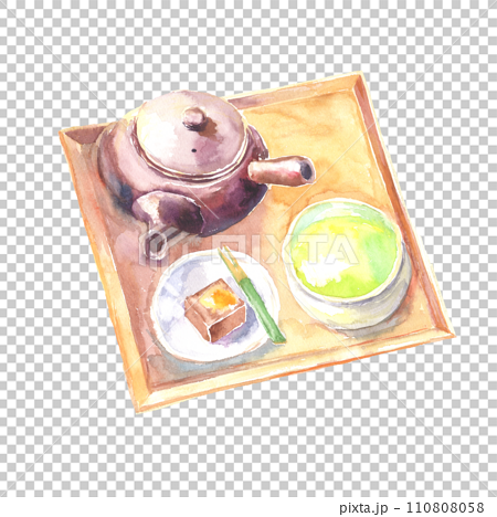 水彩で描いた日本茶と栗羊羹のイラスト 110808058