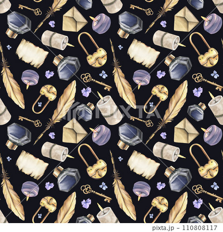 Writing supplies: papyrus paper, craft envelope, gold pen, ink in a glass jar, candles, key with lock, flowers. Hand drawn watercolor illustration. Seamless pattern on a dark background Writing supplies: papyrus paper, craft envelope, gold pen, ink in a glass jar, candles, key with lock, flowers. Hand drawn watercolor illustration. Seamless pattern on a dark background 110808117