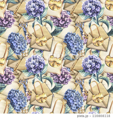Papyrus paper, craft envelopes with golden keys and locks with hydrangea and eucalyptus flowers. Hand drawn watercolor illustration. Seamless pattern, background 110808118