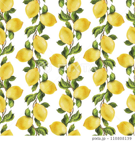 Lemons are yellow, juicy, ripe with green leaves, flower buds on the branches, whole and slices. Watercolor, hand drawn botanical illustration. Seamless pattern on a white background 110808139