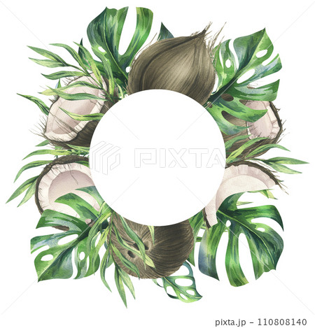 Coconuts whole, halves and pieces with bright, green, tropical palm leaves. Hand drawn watercolor illustration. Wreath, frame, template isolated from the background. 110808140