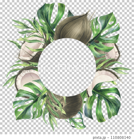 Coconuts whole, halves and pieces with bright, green, tropical palm leaves. Hand drawn watercolor illustration. Wreath, frame, template isolated from the background. 110808140
