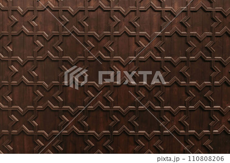 Decorative old wooden carved wall panelling, ceiling. Hand drawn ornamental blue Moroccan star shaped pattern. Ramadan greeting card. Islamic background, arabic banner. Historic architecture detail. 110808206