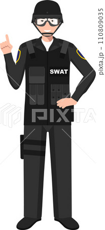Standing SWAT Policeman Officer in Traditional Uniform Character Icon in Flat Style. Vector Illustration. 110809035