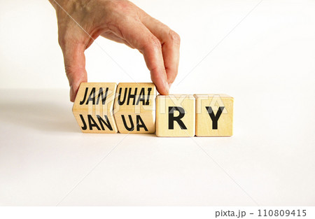Januhairy or January symbol. Concept words Januhairy or January on beautiful wooden blocks. Beautiful white table white background. Man hand. Social issues Januhairy or January concept. Copy space. 110809415