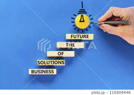 Business solutions of the future symbol. Concept words Business solutions of the future on wooden blocks. Beautiful blue table blue background. Business solutions of the future concept. Copy space. Business solutions of the future symbol. Concept words Business solutions of the future on wooden blocks. Beautiful blue table blue background. Business solutions of the future concept. Copy space. 110809446