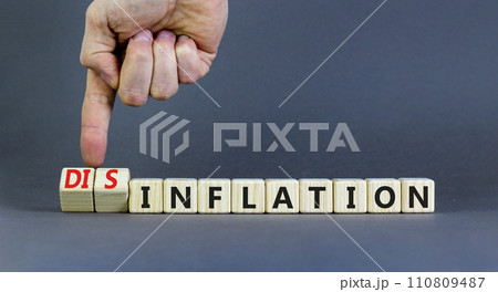Inflation or disinflation symbol. Concept word Inflation Disinflation on beautiful wooden cubes. Beautiful grey background. Businessman hand. Business inflation disinflation concept. Copy space. 110809487