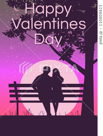 Silhouette loving couple on the bench at night. Happy Valentines Day poster Silhouette loving couple on the bench at night. Happy Valentines Day poster 110809815