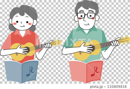 ウクレレを弾くシニア女性とシニア男性 110809816
