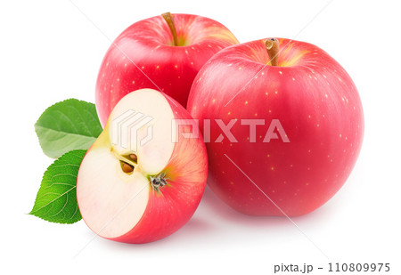Glossy red apples with a fresh green leaf, one sliced in half, on white Glossy red apples with a fresh green leaf, one sliced in half, on white 110809975
