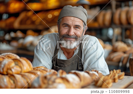 Smiling baker with fresh bread in a bakery 110809998