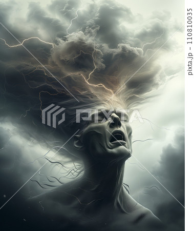 Visual metaphor of a scream into the void where human emotion merges with a tempestuous sky 110810035