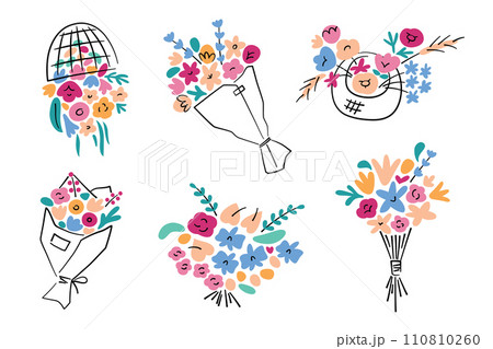 Flower bouquets hand drawn collection, doodle icons of flower arrangements, vector illustrations of roses, tulips, floral decoration for wedding, present for Valentines Day, Mothers Day, Womens Day Flower bouquets hand drawn collection, doodle icons of flower arrangements, vector illustrations of roses, tulips, floral decoration for wedding, present for Valentines Day, Mothers Day, Womens Day 110810260