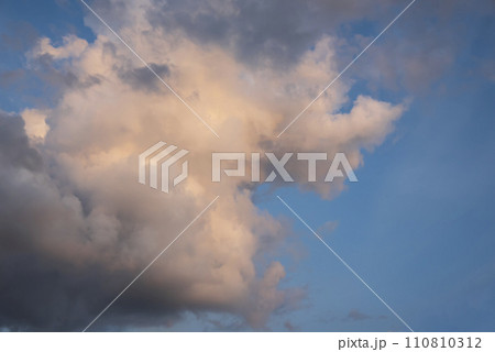 Blue sky fluffy white clouds on summer season bright clear skyline with beautiful cloudscape. Panorama blue sky clouds pattern on daylight with copy space. Cumulus cloudscape air climate sunny day 110810312