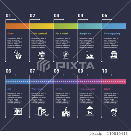 Infographics with Amusment Park theme icons, 10 steps. Such as focus, chain carousel, ferris wheel, bumper car and more. Infographics with Amusment Park theme icons, 10 steps. Such as focus, chain carousel, ferris wheel, bumper car and more. 110810418