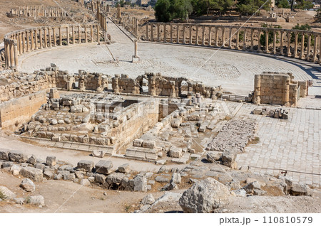 Oval Plaza from Temple of Zeus at Jerash , Jordan. Oval Plaza from Temple of Zeus at Jerash , Jordan. 110810579