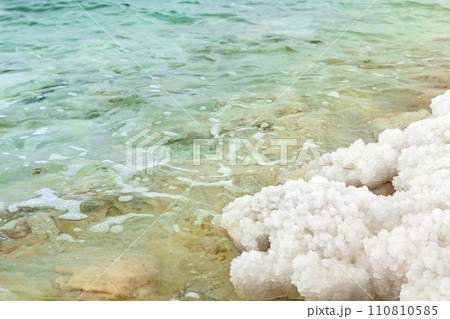 Deposits of mineral salts on the bea , typical landscape of the Dead Sea in Jordan. 110810585