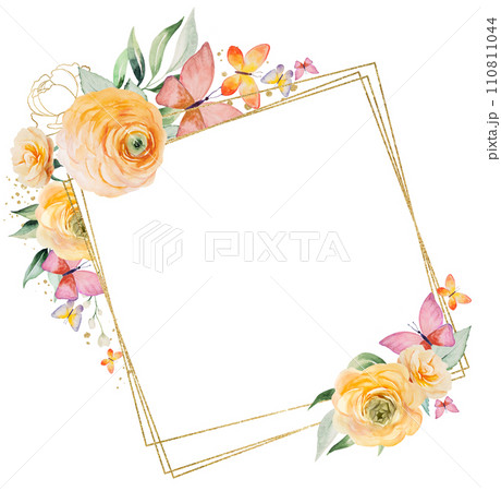 Frame with butterflies on orange and yellow watercolor flowers and green leaves, illustration 110811044